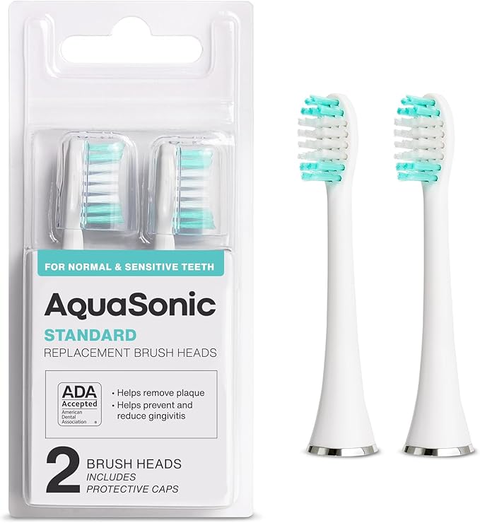 AquaSonic Standard Replacement Brush Heads | ADA Accepted | for Normal & Sensitive Teeth | Compatible with Many AquaSonic Toothbrush Handles (2 Pack White)