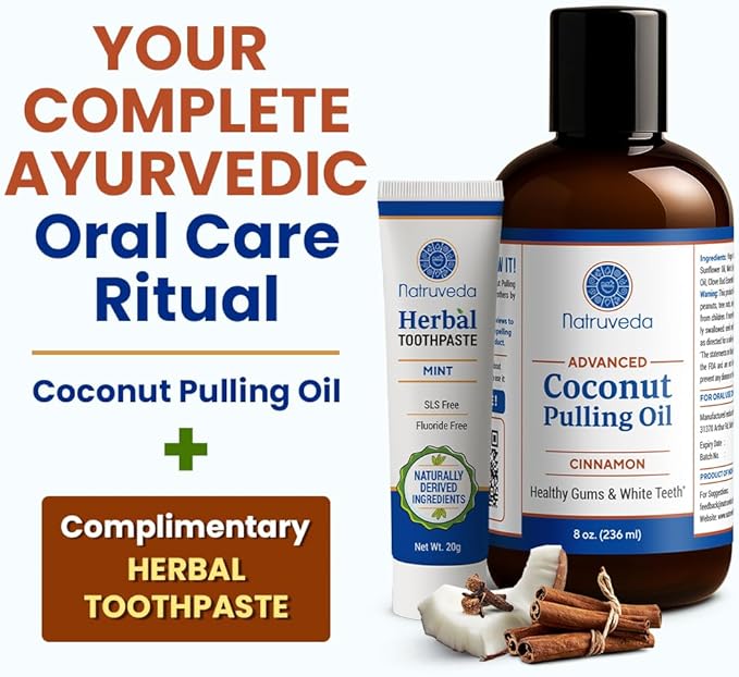 Cinnamon Coconut Pulling Oil, 8 oz | Advanced Ayurvedic Oil Pulling Mouthwash with Virgin Coconut Oil, Clove & Sesame | Alcohol-Free Oral Care | with 20g Herbal Toothpaste