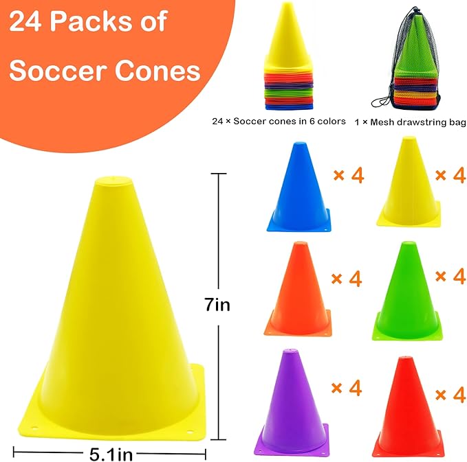 12/24/48Pcs Soccer Cones,7" or 9" Soccer Cones for Training, Multicolor Cones Sports Soccer Training Cones, Field Cones for Skating Basketball Football Drills Practice-StrideForce Fitness