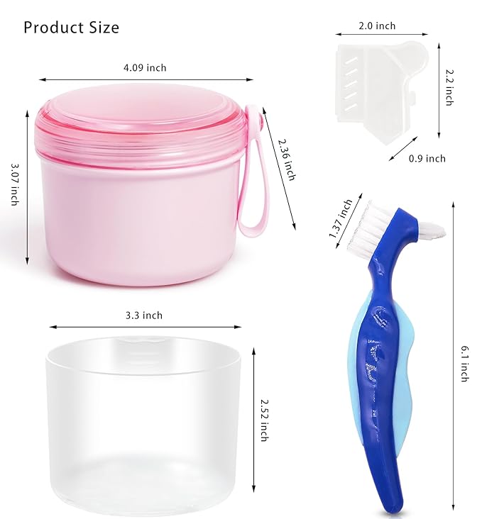 Denture Case with Denture Brush, Waterproof Denture Bath with Portable Denture Brush Holder,Partial Denture Case with Basket denture cups for soaking dentures (pink)
