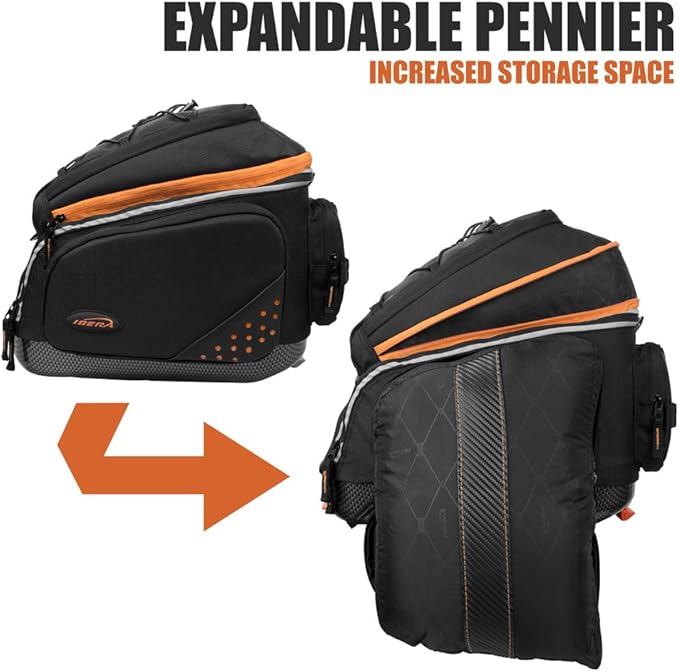 Ibera Bike Bag Expandable Commuter 17-23L - Clip-On Bike Rack Bag with Panniers & Strap - Hard Base, Reflective Trim & Taillight Ready - Ideal for Commuting & Touring - PAKRAK ONLY FOR IBERA RACKS-StrideForce Fitness