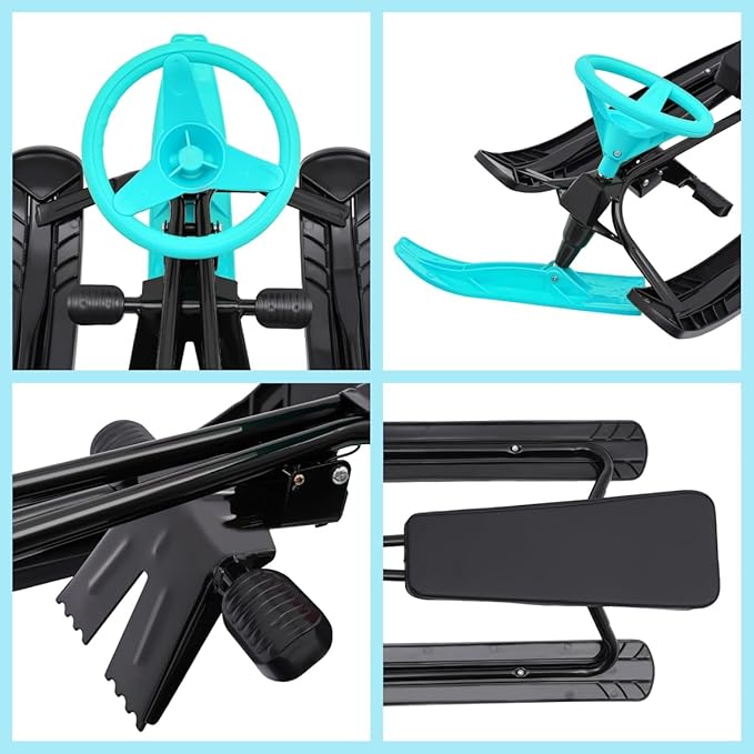 Snow Racer Sled, Ski Sled Slider Board with Steering Wheel, Twin Brakes, Anti-Slip Pedal, Snow Sled for Kids-StrideForce Fitness