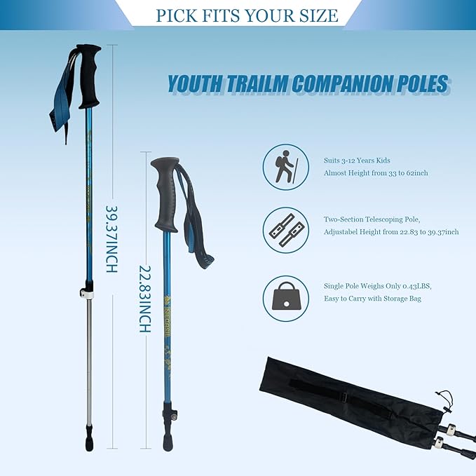 Kids Hiking Poles, 2PCS Todder Collapsible Trekking Poles for Hiking, Ski, Outdoor Activities, Todder Hiking Essentials for Boys and Girls, Blue, Pink Available-StrideForce Fitness