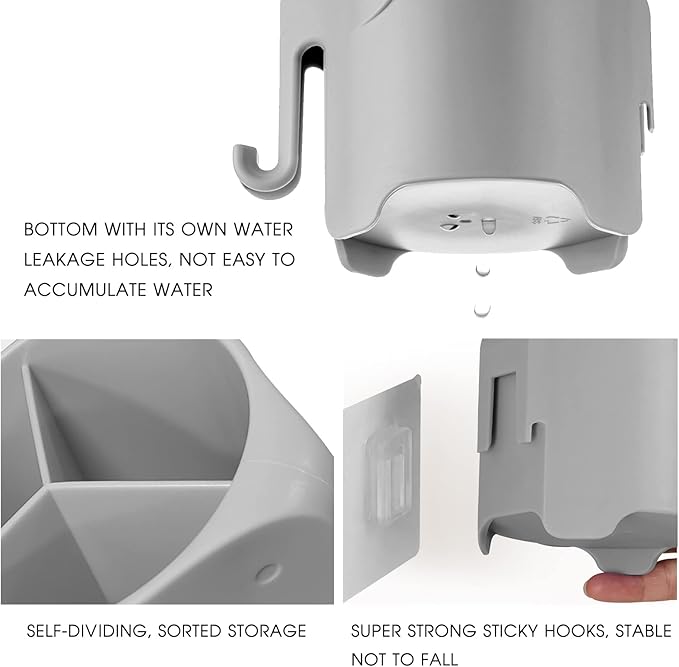 Kids Toothbrush Holder, Cute Elephant Toothbrush Holders for Toddler, Toothbrush Toothpaste Holder for Bathroom, Toothbrush Organizer with 3 Slots and a Hook, Grey