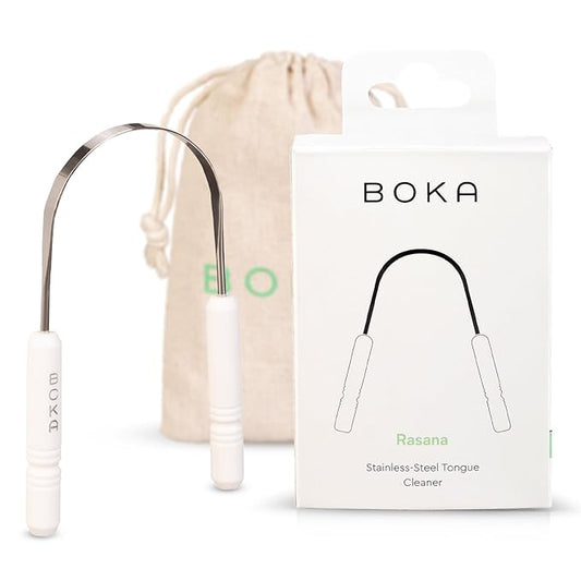 Boka Tongue Scraper for Adults & Kids with Case - Stainless Steel Tongue Cleaner w/Linen Travel Pouch - Scrubber to Remove Tongue Buildup and Freshens Breath (Pack of 1)