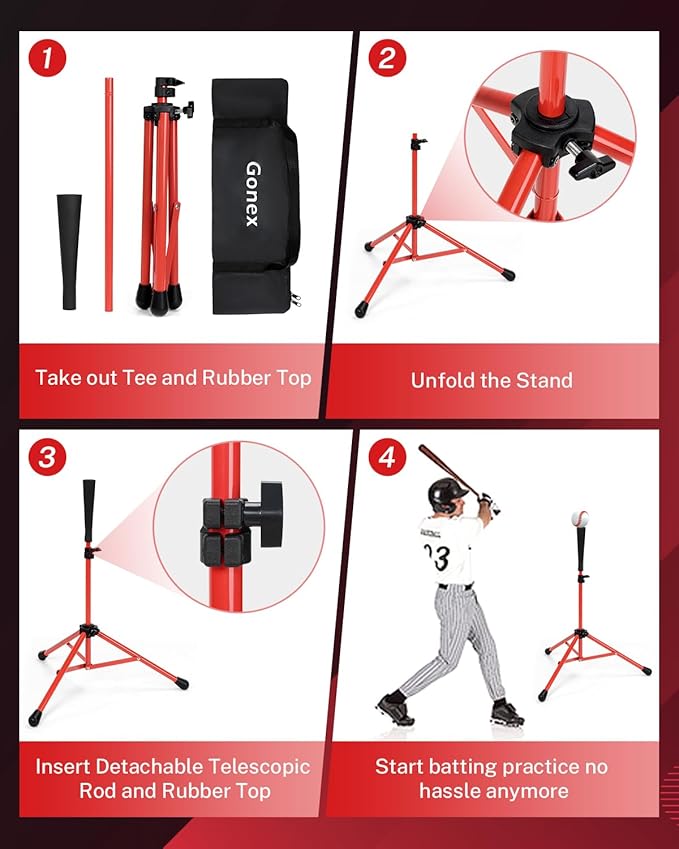 Gonex Baseball Softball Practice Hitting Batting Tripod Stand Rubber Tee Collapsible Portable with Carrying Bag-StrideForce Fitness