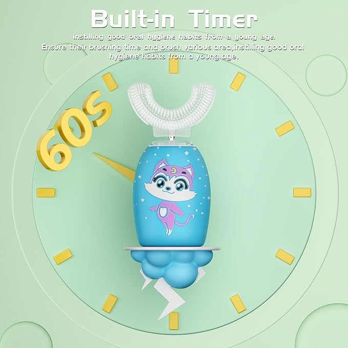 Kids Toothbrush Electric, U Shaped Ultrasonic Automatic Toothbrush with 4 Brush Heads, Two Cleaning Modes, Cartoon Modeling Design for Kids, Age 2-12