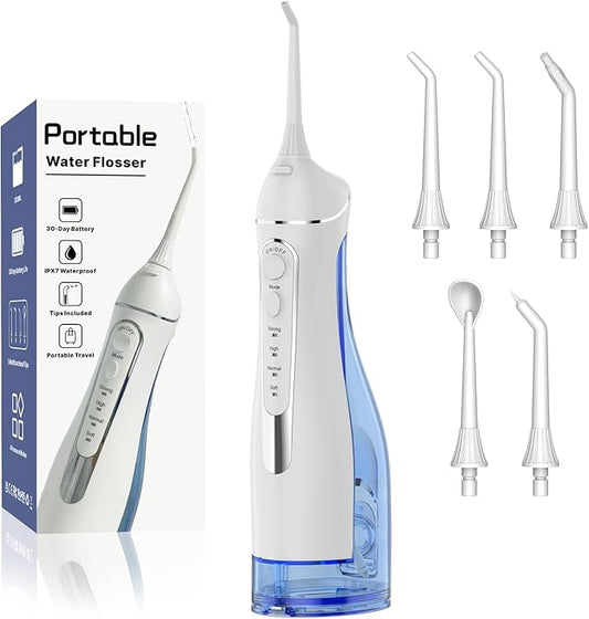 Cordless Portable Water Flosser with 300ML Tank: Rechargeable Oral Irrigator with 5 Tips for Travel, Braces Care and Sensitive Gums, IPX7 Waterproof Teeth Cleaning Device(White)