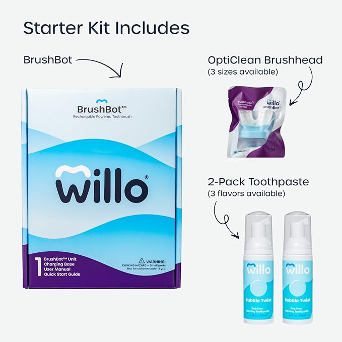 Willo BrushBot Kids U-Shaped Toothbrush Starter Kit – Rechargeable, Smart Electric Toothbrush for Kids Ages 5-7 w/App, Soft Bristles, Plaque Removal, Gentle & Deep Clean Modes | Small Bubble Twist