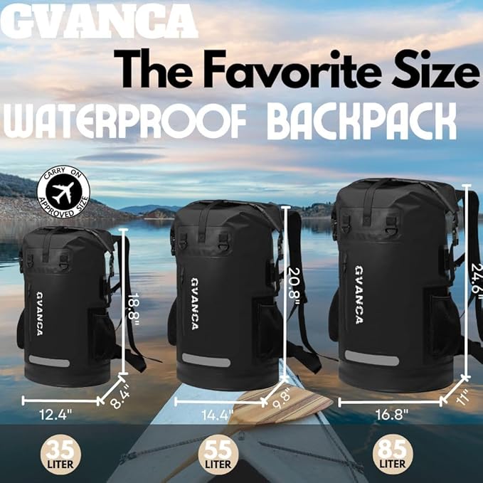 Waterproof Roll Top Kayak Dry Backpack, Floating Outdoor Dry Sack Boating Sailing Canoeing Rafting Fishing Camping 55L Black-StrideForce Fitness