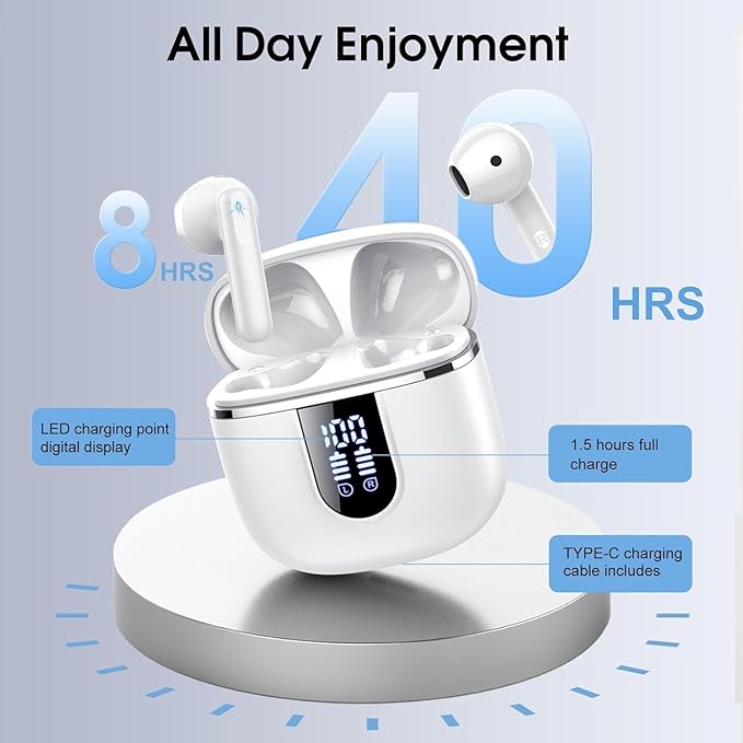 Wireless Earbuds, Bluetooth 5.4 Headphones with 3D Bass Stereo, 40H Ultralight in-Ear Buds, Bluetooth Earbuds with 4 ENC Noise Cancelling Mic, USB-C, IP7 Waterproof Earphones for Android iOS, Milky-StrideForce Fitness