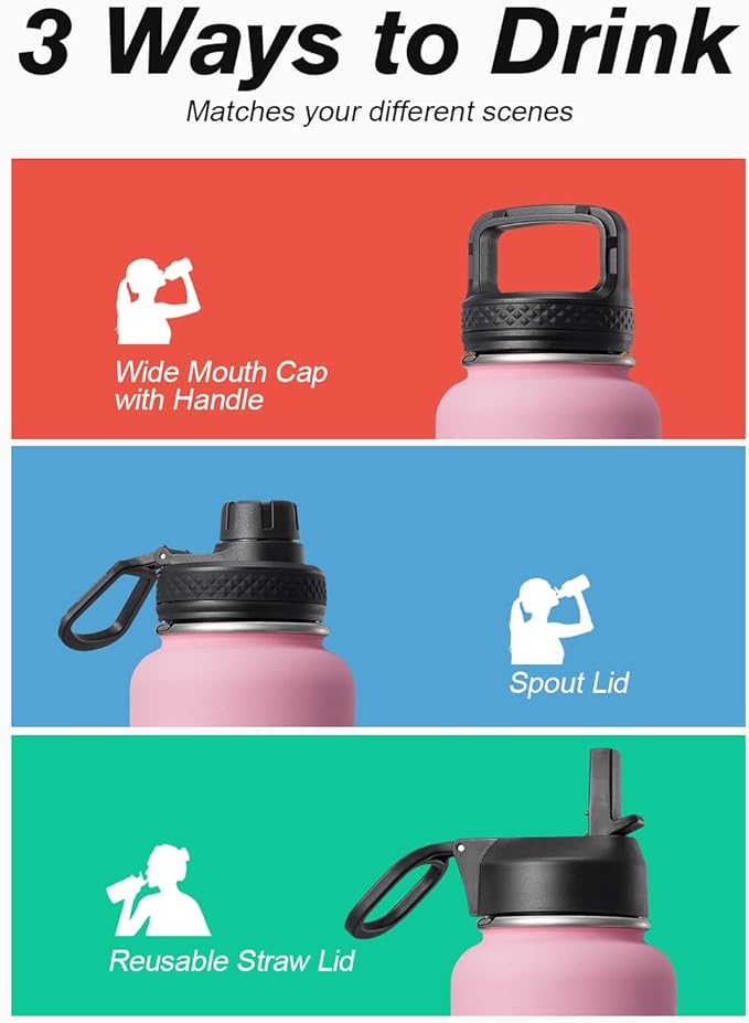 32 oz Insulated Water Bottle with Straw&3 Lids, Coolflask Stainless Steel Metal Flask Wide Mouth for Sports or Office, Non-BPA Keep Cold Up to 48 Hrs or Hot Up to 24 Hrs, Bubblegum Princess-StrideForce Fitness