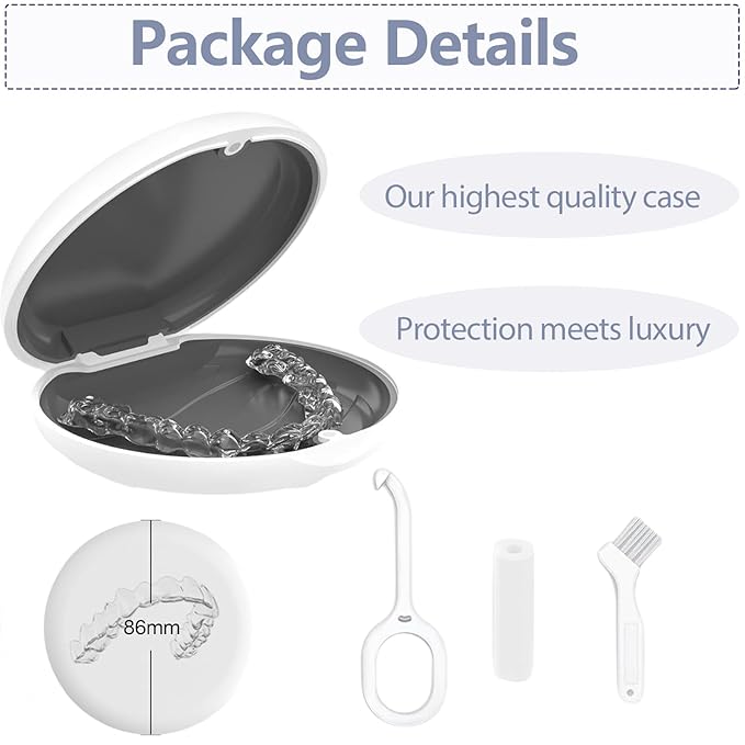 Retainer Case, Slim Aligner Cases for Invisalign, Mouthguard Case with Removal Tools& Aligners Chewies& Brush, Removable Inner Tray Silicone for Easy Cleanin (White)