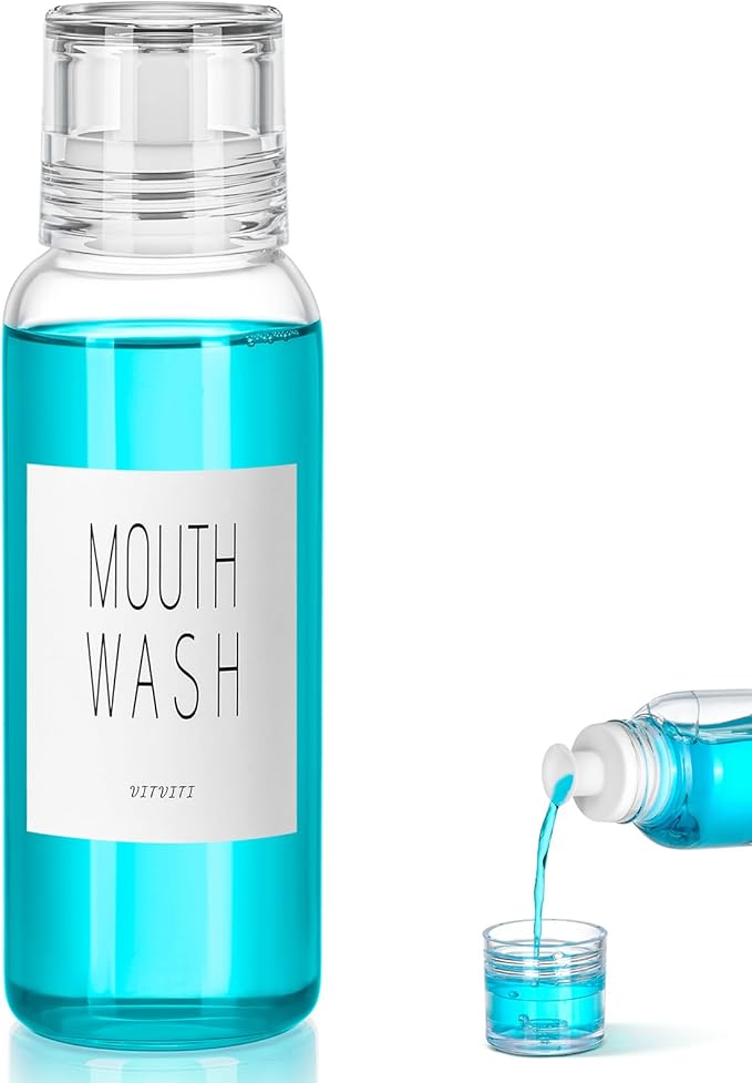 VITVITI Glass Mouthwash Dispenser for Bathroom, 10 OZ Mouth Wash Container Bottle with Lid Cup, Countertop Small Clear Refillable Mouthwash Dispensers Decanter (White)