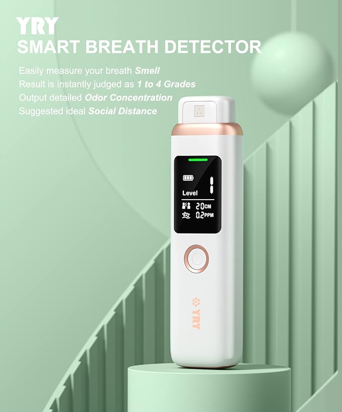 YRY Smart Breath Odor Detector, Portable Halimeter for Bad Breath, Precise MEMS Sensor, 32-bit CPU, Auto Calibration, 30-Day Rechargeable Battery