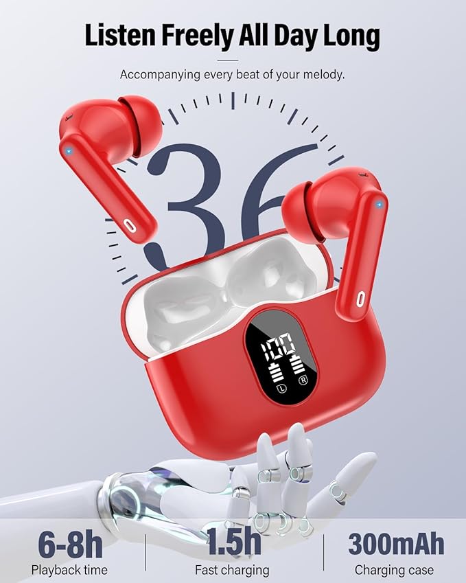 Wireless Earbuds, Bluetooth 5.4 Headphones Bass Stereo, Ear Buds with Noise Cancelling Mic, IP7 Waterproof in Ear Earphones, 36H LED Display Bluetooth Earbuds for Laptop Pad Phones Sports, Red-StrideForce Fitness
