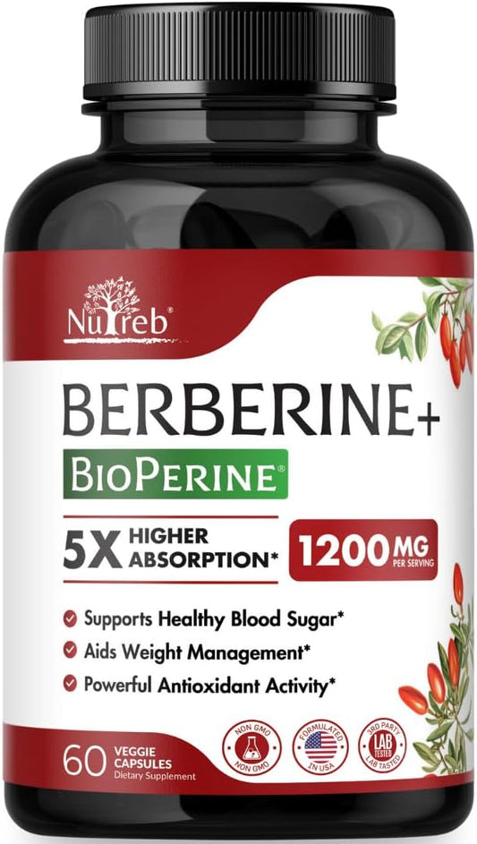 Berberine Supplement 1200mg - 5X Higher Absorption - Ultra Pure 98% Berberine HCL - Healthy Weight Management, Immune Support - Non GMO, Manufactured in USA - 60 Vegan Capsules-StrideForce Fitness