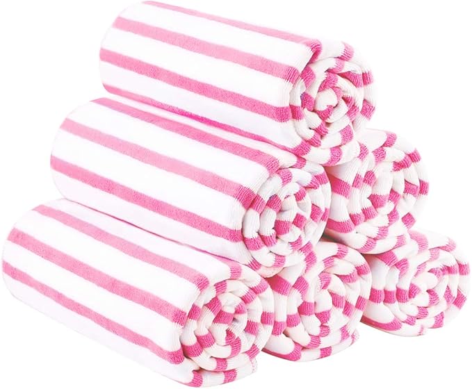 JML Microfiber Beach Towels, Quick Dry Bath Towel Set 6 Pack, 27" x 55" - Cabana Stripe -No Fading, No Linting Microfiber Towels for Hair Wrap, Pool, Bath, Sport, Yoga, Camping, Swimming, Pink-StrideForce Fitness