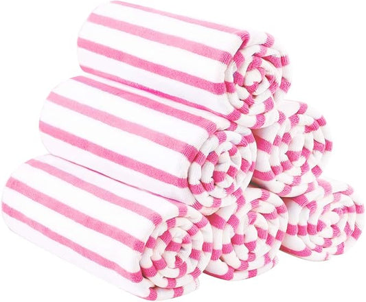 JML Microfiber Beach Towels, Quick Dry Bath Towel Set 6 Pack, 27" x 55" - Cabana Stripe -No Fading, No Linting Microfiber Towels for Hair Wrap, Pool, Bath, Sport, Yoga, Camping, Swimming, Pink-StrideForce Fitness