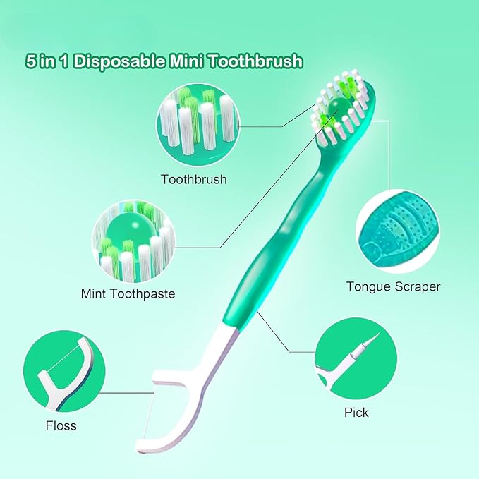 Small Toothbrush Disposable with Toothpaste,Tongue Scrapers,Floss and Pick.Travel Tooth Brush Pack for Work or Travel.Individually Wrapped, 26 Count, Mint and Three Other Fruit Flavors