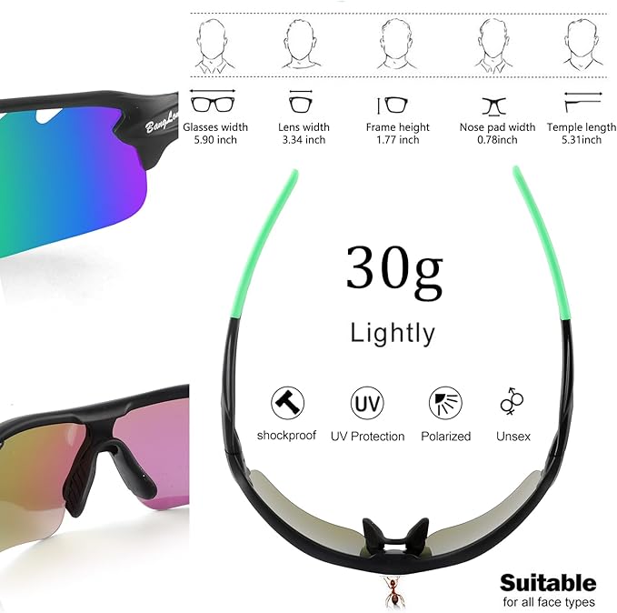 BangLong Polarized Sports Sunglasses Cycling Sun Glasses for Men Women with 5 Interchangeable Lenes for Running Baseball Golf-StrideForce Fitness