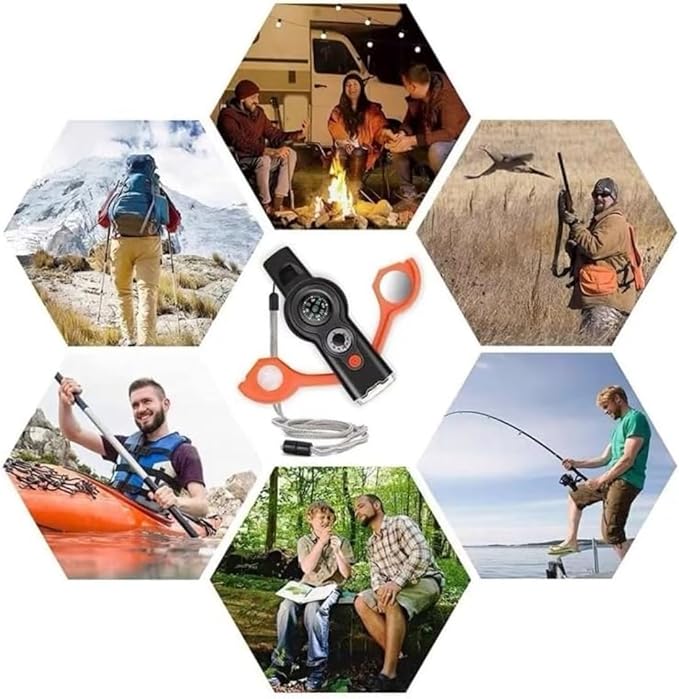 7 in 1 Emergency Survival Whistle with Compass, Outdoor Multi-Functional Hiking Safety Tool with Lanyard-StrideForce Fitness