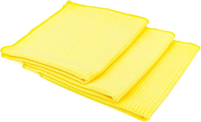 The Rag Company - Standard Waffle Weave Microfiber Towels (3-Pack) Detailing, Window, Glass and Drying, Wax & Polish, Lint-Free, Streak-Free, 370gsm, 16in x 16in, Yellow-StrideForce Fitness