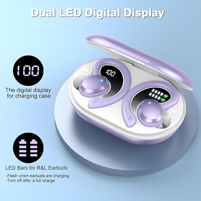 Wireless Earbud, Bluetooth 5.4 Headphones IP7 Waterproof for Sport, 48H Running Wireless Earphones with ENC Noise Cancelling Mic, Deep Bass Over Ear bud with Earhooks for Android, iOS, Workout, Purple-StrideForce Fitness