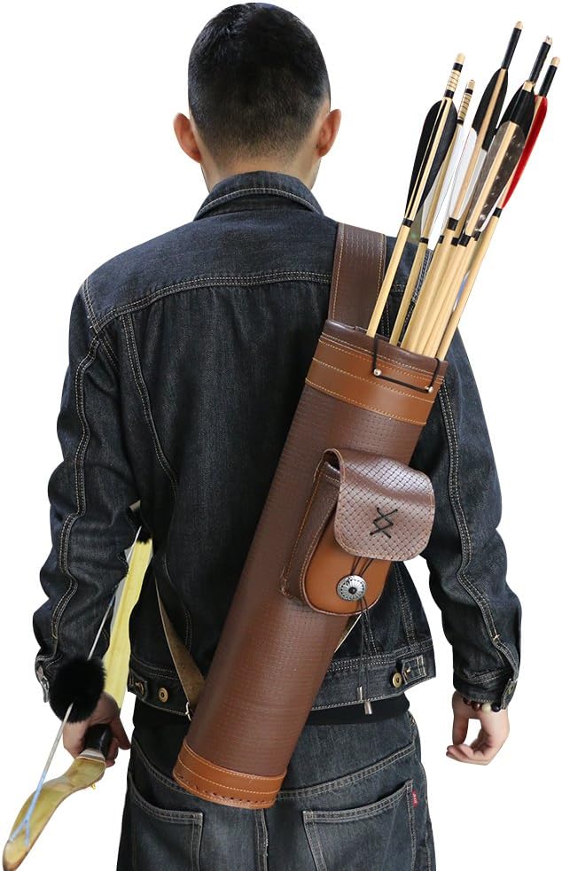 TOPARCHERY Traditional Shoulder Back Quiver Bow Leather Arrow Holder with Large Pouch Handmade Straps Belt Bag Brown-StrideForce Fitness