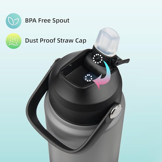 Insulated Water Bottle with Straw Lid,40 oz Stainless Steel Vacuum Metal Bottle with Silicone Handle,Gray Black-StrideForce Fitness