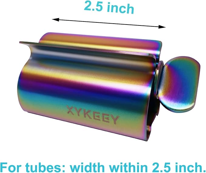 XYKEEY Toothpaste Tube Squeezer - Set of 2 Toothpaste Squeezer Rollers, Metal Toothpaste Tube Wringer Seat Holder Stand (Iridescent)
