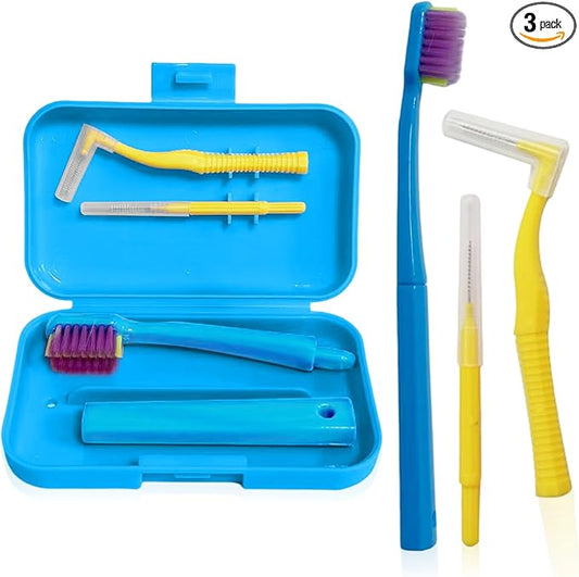 3-Pack Dental Care Kit - Angled Orthodontic Toothbrush, Interdental Brush, and Standard Toothbrush with Travel Case, Soft Bristles for Braces and Teeth Cleaning