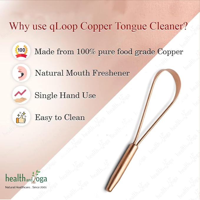 HealthAndYoga™ qLoop Copper Tongue Cleaner - Easy One Hand Use - Larger Surface Coverage - Ayurvedic Copper Health for Fresh Breath and Total Oral Hygiene (Set of 2)