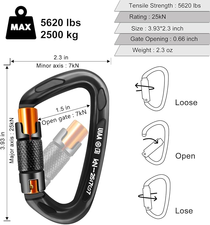 Climbing Carabiner Clips 25kN Auto Locking Carabiner, Professional Heavy Duty Large Locking Carabiner Clips for Rock/Ice Climbing Rappelling Rescue Swing etc, D Shaped, Large Size-StrideForce Fitness