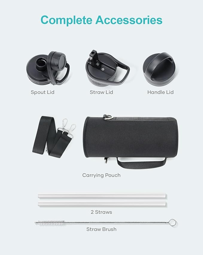 BUZIO 40 oz Water Bottle Insulated with Straw & 3 lid and Carrying Pouch, Leak Proof Anti-Slip Stainless Steel Water Flask Jug, Cold for 48 Hrs Double Vacuum Thermo Canteen, BPA-Free, Shadow-StrideForce Fitness