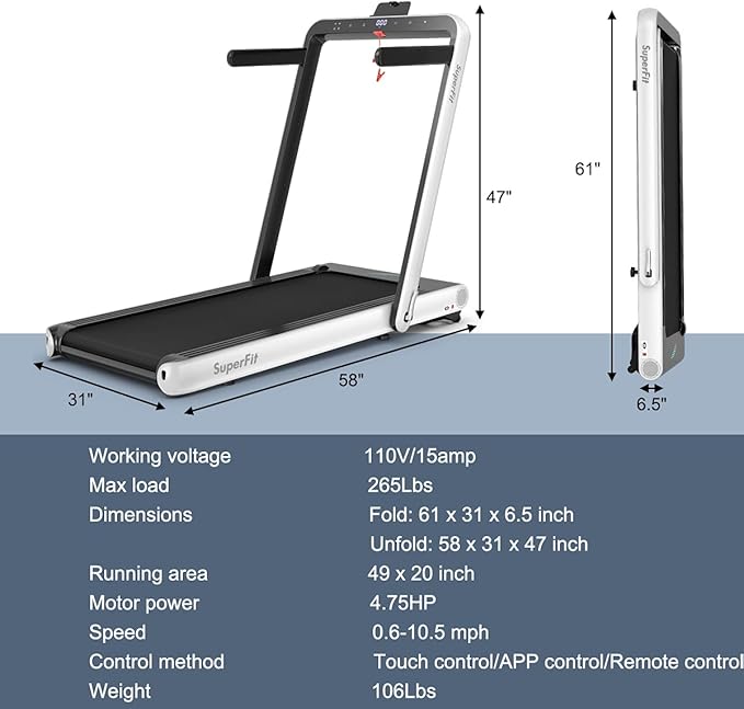 GYMAX Walking Pad, 4.75HP Under Desk Treadmill with LED Touch Screen, App Control, Built-in Speaker & Handle, 2 in 1 Folding Compact Portable Treadmill for Home Small Space-StrideForce Fitness