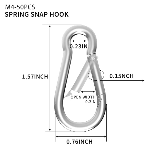 50PCS M4 Spring Snap Hook Carabiner, Heavy Duty Galvanized Steel Carabiner Clip, 110LBS Holding Capacity Spring Clips for Hammock Swing Outdoor Travel-StrideForce Fitness