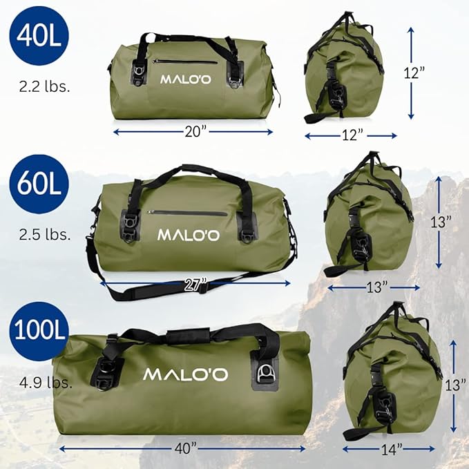 Malo'o Waterproof Dry Bag Duffel 40L/60L/100L, Roll Top Duffel Keeps Gear Dry for Kayaking, Rafting, Boating, Swimming, Camping, Hiking, Beach, Fishing - Internal & External Pockets and Molle Loops-StrideForce Fitness
