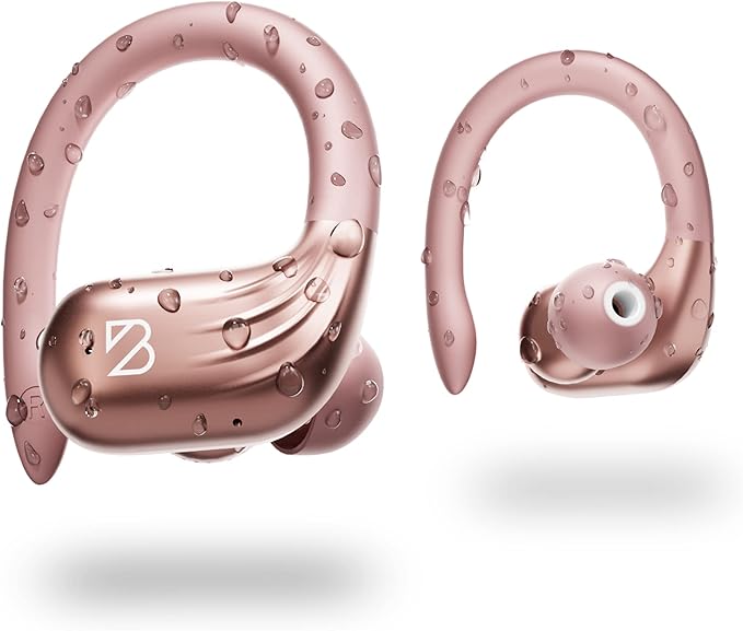 Rose Gold Wireless Running Earbuds for Women. Pink Bluetooth Sport Earbuds for Running, 80 Hour Long Battery Life Over the Ear with EarHooks, Wrap Around Ear buds with Microphone, Earphones-StrideForce Fitness