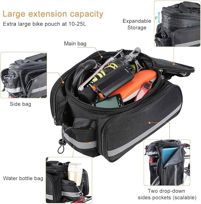 Bike Rear Rack Bag,10-25L Bicycle Trunk Bag with Rain Cover, Pannier Bike Bag with 2 Side Foldable Panniers, with Reflective Strips and Shoulder Strap, for Shopping,Cycling,Trip (Black)-StrideForce Fitness