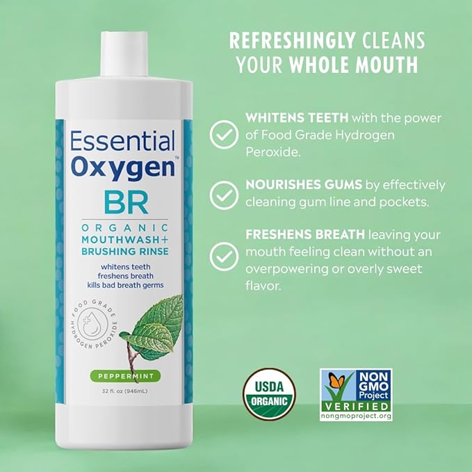 Essential Oxygen Certified BR Organic Brushing Rinse, All Natural Mouthwash for Whiter Teeth, Fresher Breath, and Happier Gums, Alcohol-Free Oral Care, Peppermint, 32 Ounce
