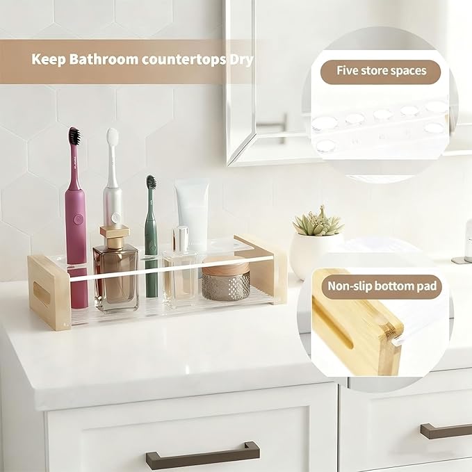 Toothbrush Holder for Bathroom - 5 Slot Organizer with Drainage Holes, Holds Toothpaste, Razor & Mouthwash, Bathroom Vanity Countertop Storage for Bathroom Accessories Organization