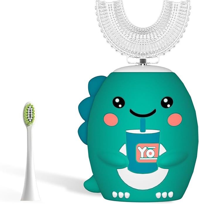 Kids U Shaped Electric Toothbrush，auto Sonic Baby Toothbrush，Cartoon Dinosaur 360-Degree Cleaning IPX7 Waterproof Design （8-15y）