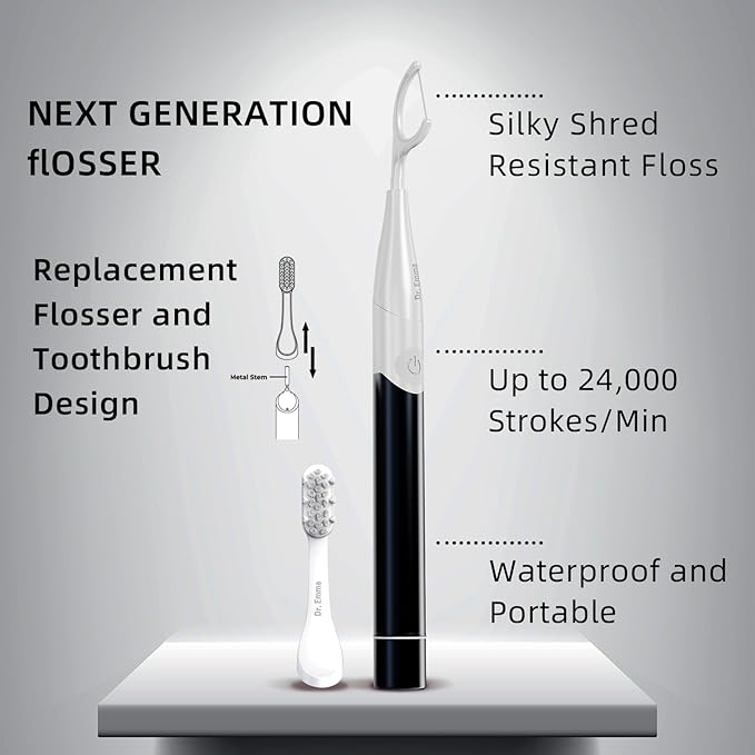 Dr. Emma Electric Vibration Flosser with Replaceable Floss Picks and Toothbrush, Power Flosser for Adults, Dental Flosser Kit for Teeth Cleaning, Water Flosser Alternative, Midnight