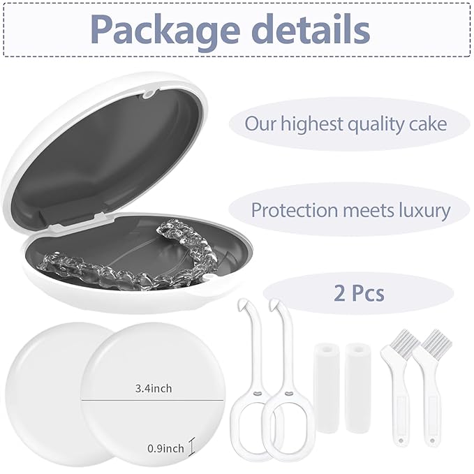 2 Retainer Case, Slim Aligner Cases for Invisalign, Mouthguard Case with Removal Tools& Aligners Chewies& Brush, Removable Inner Tray Silicone for Easy Cleaning (White-2pcs)