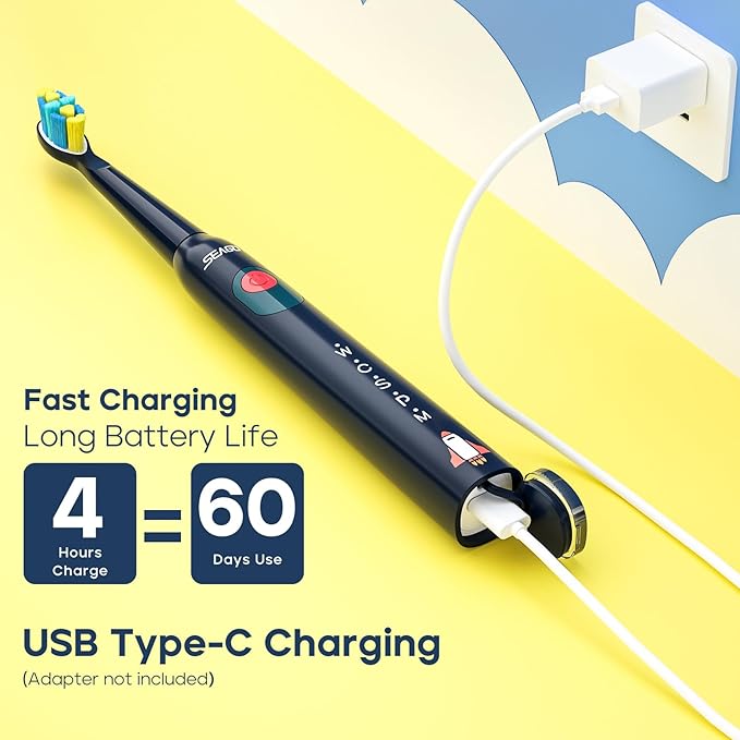 SEAGO Kids Electric Toothbrush, Rechargeable Sonic Soft Bristle Toothbrushes with 8 Brush Heads, DIY Stickers and 5 Modes, Ideal for Kids and Children, Ages 3–12，SG2303(Navy)