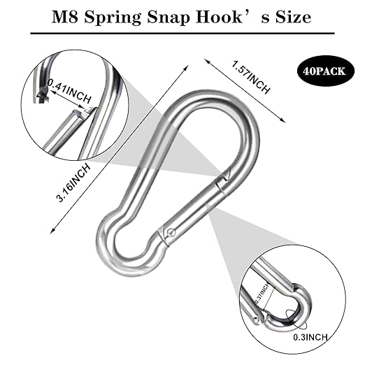 40 PCS 3'' Spring Snap Hook Carabiner, M8 5/16 Inch Galvanized Silver Steel Carabiner Clip, 500LBS Holding Capacity Quick Link Clip Keychain for Hammock Dog Leash & Camping Gym-StrideForce Fitness
