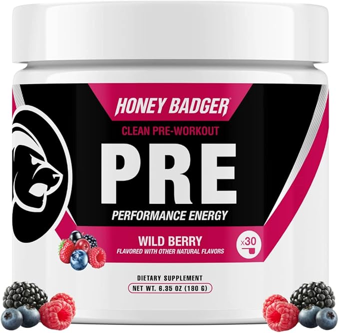 Honey Badger Pre Workout Powder, Keto Vegan Preworkout for Men & Women, Beta Alanine & Caffeine, Sugar Free Natural Energy Supplement, Wild Berry, 30 Servings-StrideForce Fitness