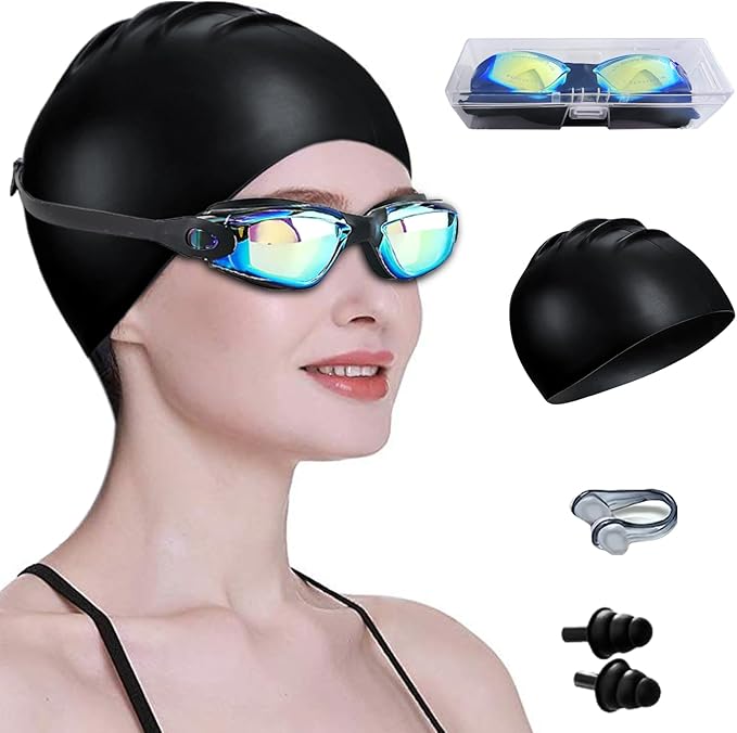 Swim Goggles Swimming Goggles No Leaking with Nose Clip, Earplugs, Swim Cap and Case for Men Women-StrideForce Fitness