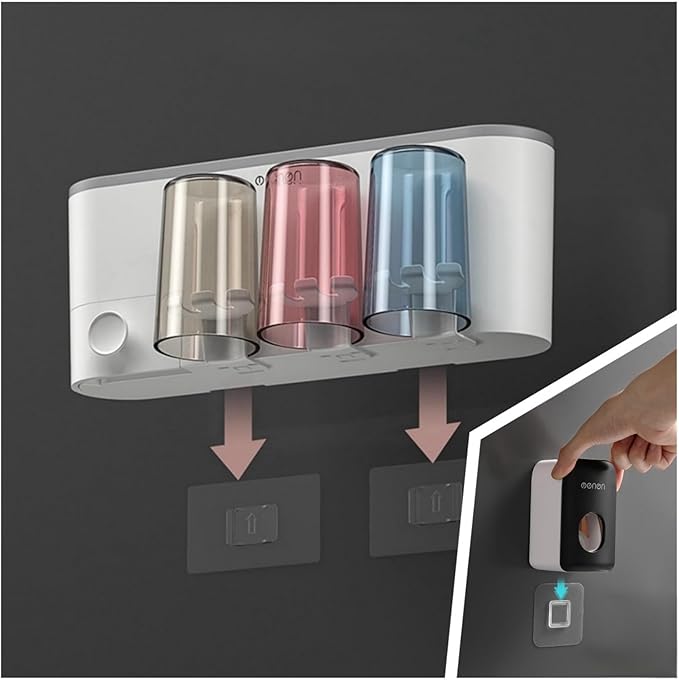 No-Drill Wall Mounted Toothbrush Holder, Bathroom Shelf, with 1 Automatic Toothpaste Dispenser 4 Brush Hooks Cups 1 Cosmetic Drawer Organizer and Large Storage (1 Dispenser + 2 Cups)